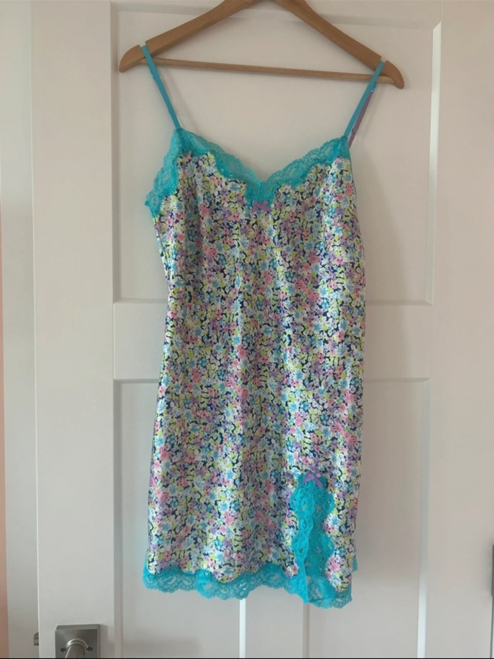 Victoria's Secret Teal-Trim Pastel Floral Satin Chemise